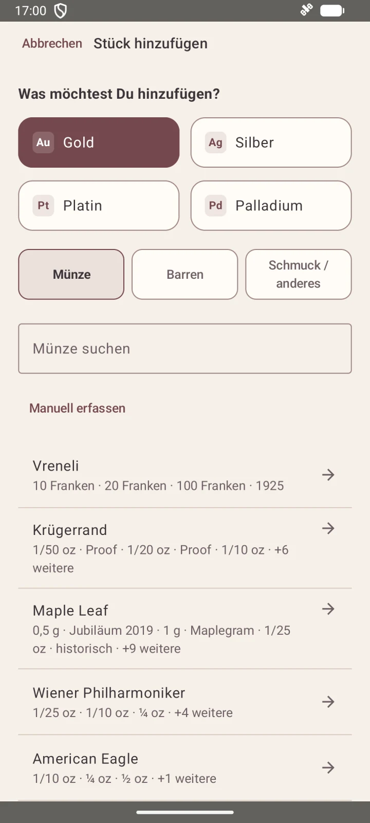 Münzauswahl in Unzenblick mit getrennten Stückelungen für Vreneli, Krügerrand und Maple Leaf