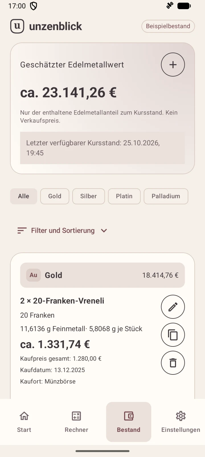 Beispielbestand in Unzenblick mit Metallfilter und Aktionen zum Bearbeiten, Duplizieren und Entfernen